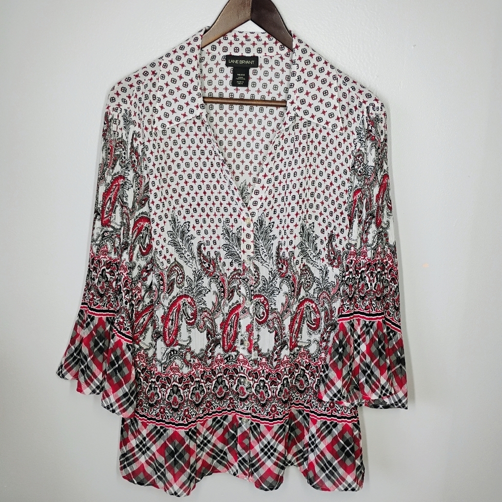 Lane Bryant Womens Button Up Top 18/20 Paisley Plaid Pleated Boho Artsy Office